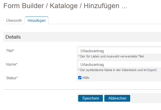 Form Builder Kataloge Hinzufügen